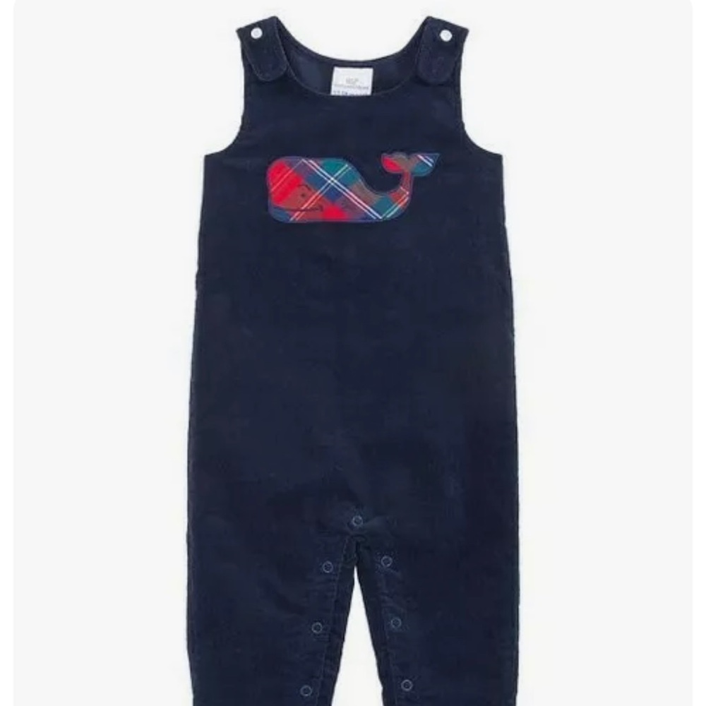 Vineyard Vines Navy Blue Corduroy Coverall with Tartan Plaid Whale. 3-6 months